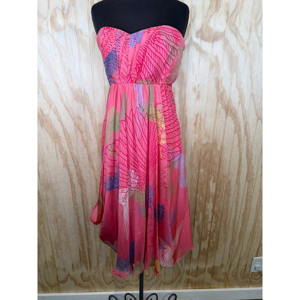 Tibi Silk Strapless Abstract Print Dress Pink Asymmetrical Size 2 Cocktail